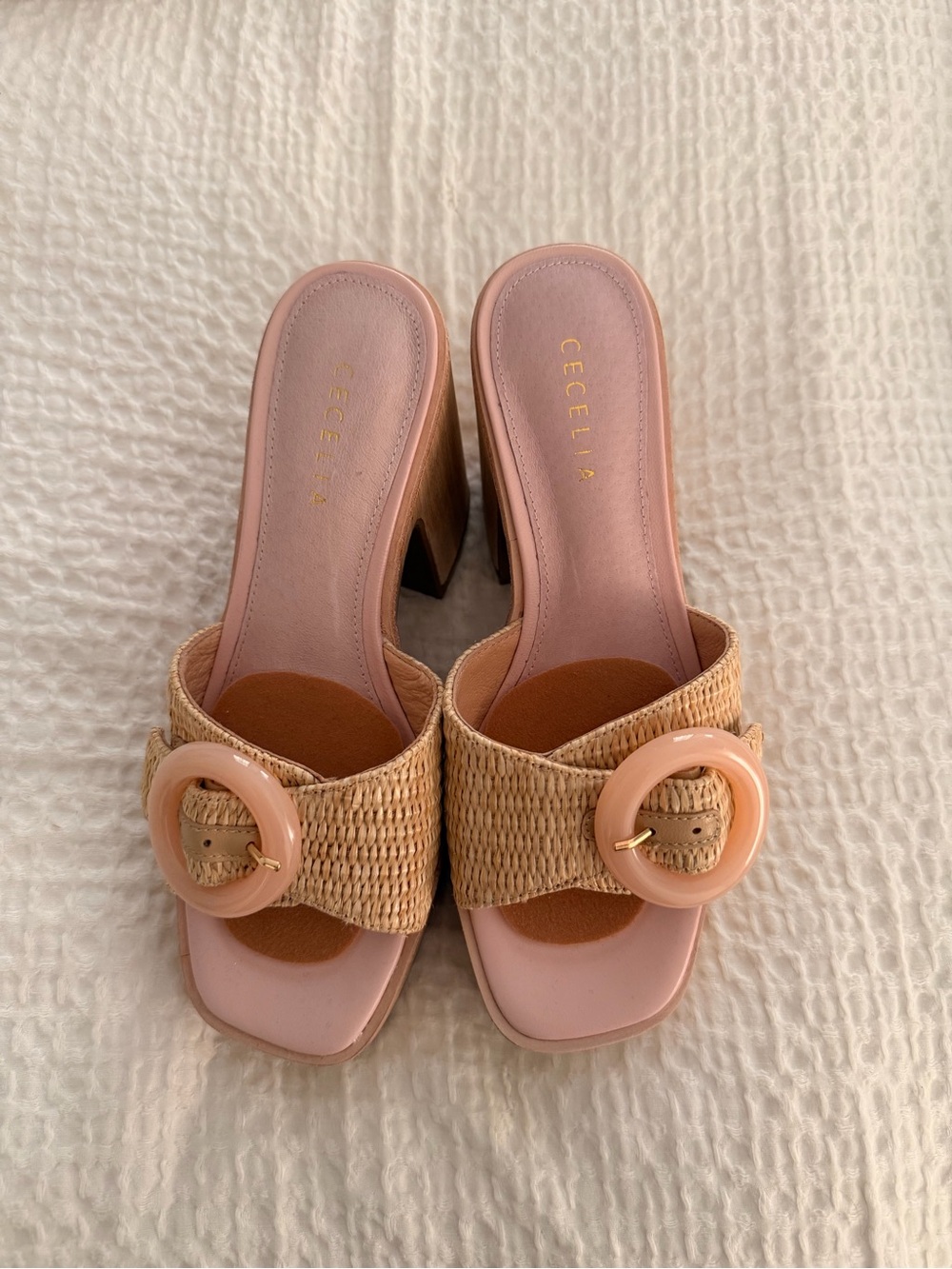 Cecelia Pink Rattan Slide Heels